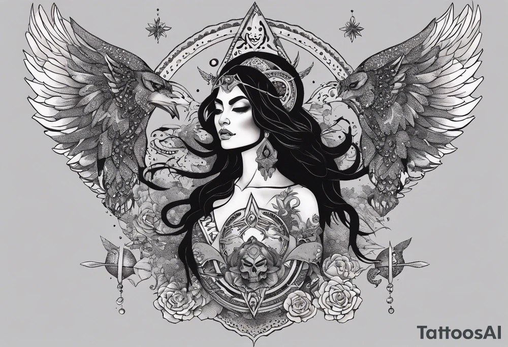 black kali, goddess pirate, alien, angel, pachamama, valkrye, warrior, flying, skull, lotus azul, wing, eagle, zenza resonance, stars, 5D, anahata chakra, death, durga, riding on a tiger, flying lady, chest tatoo tattoo idea