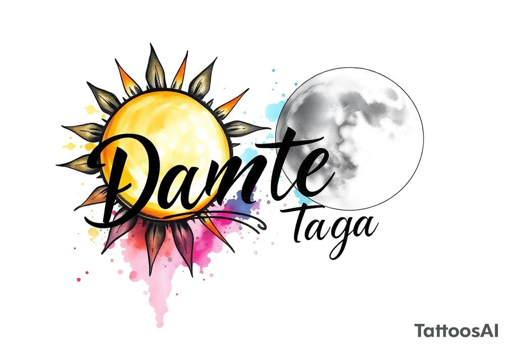 The name "Dante" in the sun and the name "Taiga" in the moon tattoo idea