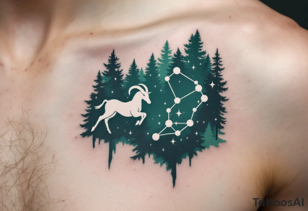 The Capricorn constellation is inked in white against a deep forest green to reflect the zodiac’s earth element. tattoo idea