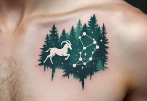 The Capricorn constellation is inked in white against a deep forest green to reflect the zodiac’s earth element. tattoo idea