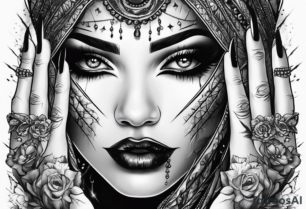 Horror women’s fingers with nails are on the half of her face tattoo idea