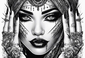 Horror women’s fingers with nails are on the half of her face tattoo idea