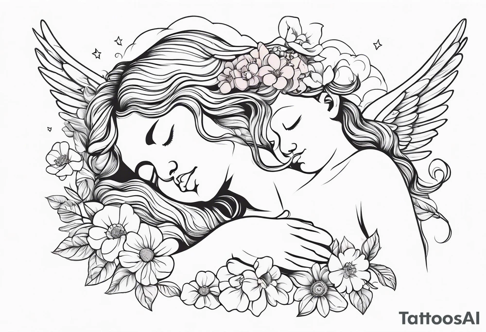 baby renaissance style angel sleeping on cloud, flowers in long hair, ethereal tattoo idea