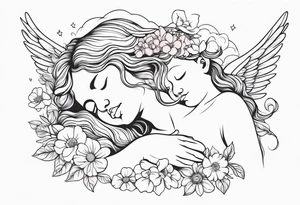 baby renaissance style angel sleeping on cloud, flowers in long hair, ethereal tattoo idea