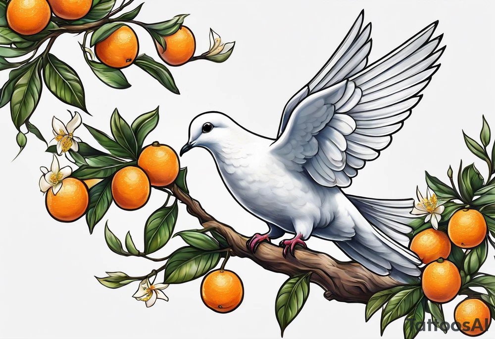 dove leaving on an orange blossom branch with its wings up tattoo idea