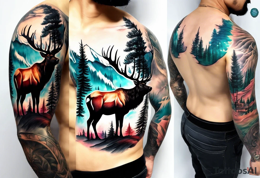 sleeve pine tree moutain elk tattoo idea