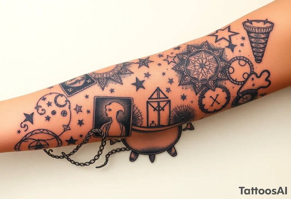 Milky way filled with zodiac symbols runes tarot cards coming out of a cauldron tattoo idea