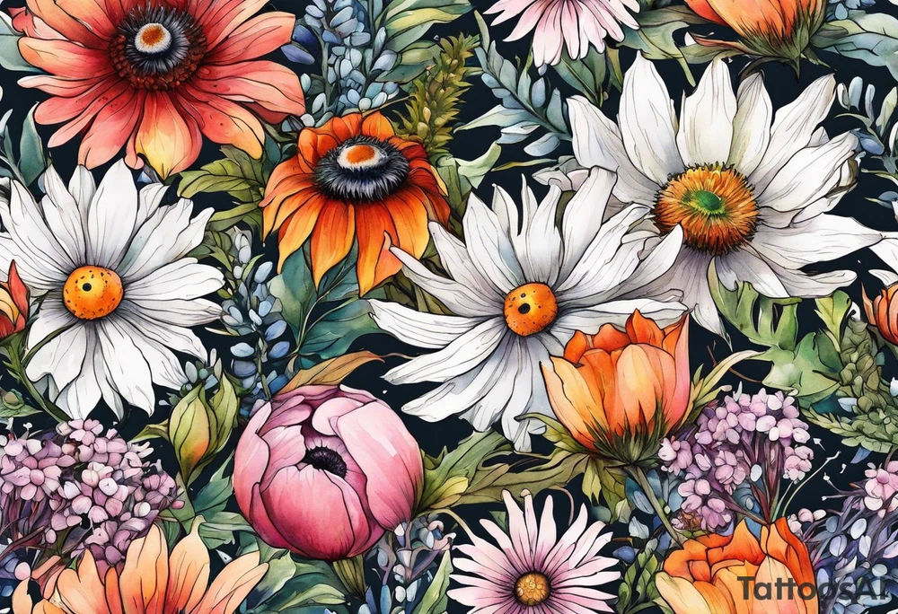 wildflowers with thistles, ferns, white anemones, sun flowers, orange flowers, pink flowers, red flowers, babys breath and daisies all in watercolor tattoo idea