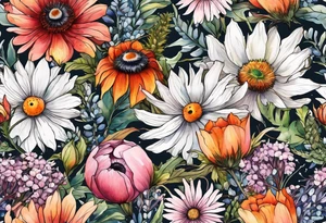 wildflowers with thistles, ferns, white anemones, sun flowers, orange flowers, pink flowers, red flowers, babys breath and daisies all in watercolor tattoo idea