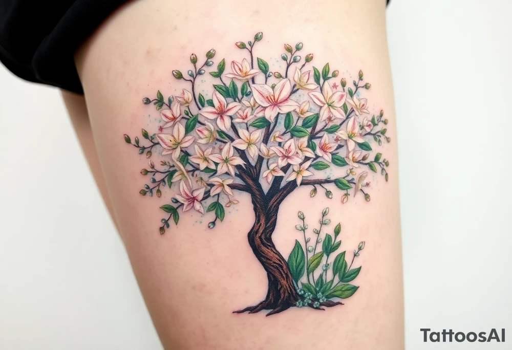 Flowering hawthorne tree with white lilly of the vally bell plants planted by  tree with other lilly plants t8q tattoo idea