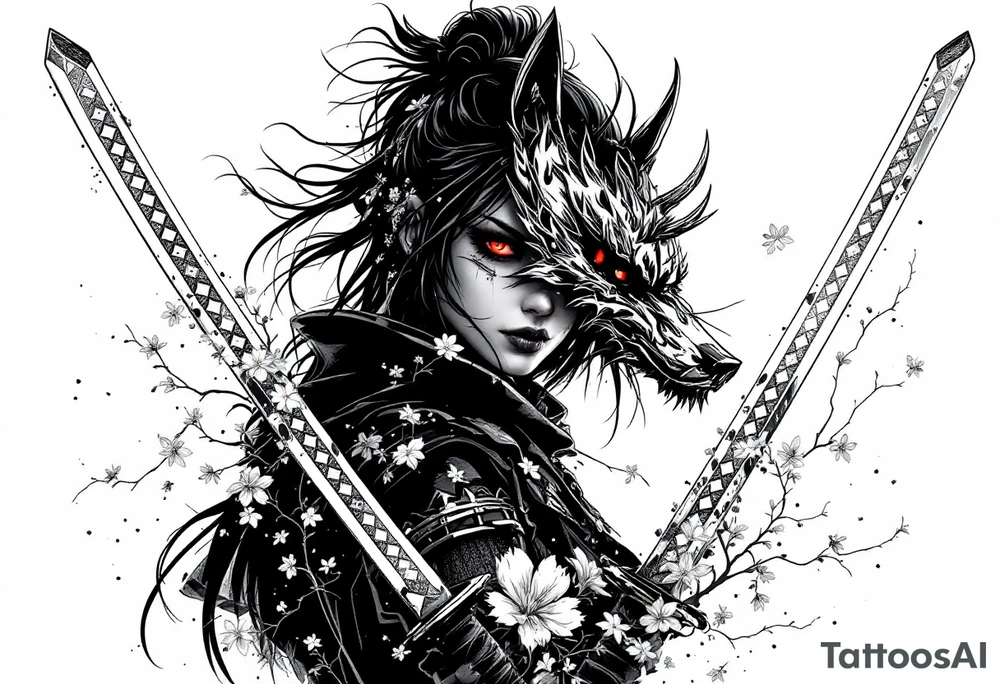 Woman samurai with red eyes wearing an half and broken kitsune mask, holding 
two katanas and Sakura flowers ornement tattoo idea