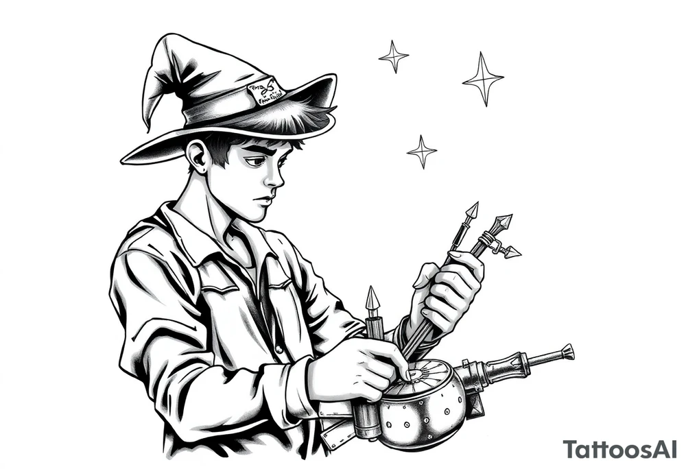 Young guy is exploring witch supplies, tools, equipment tattoo idea Young guy is exploring witch supplies, tools, equipment tattoo idea