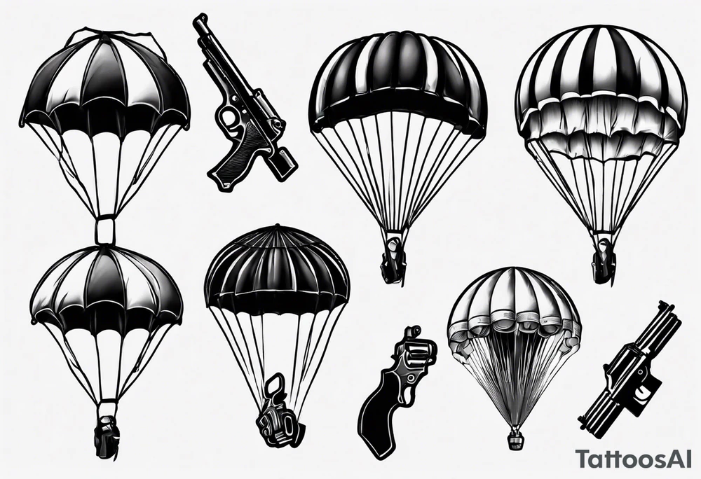 man parachute and shooting guns tattoo idea