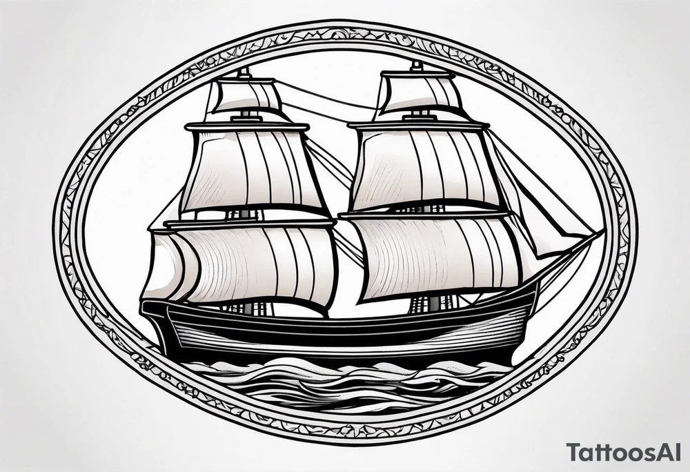 american traditional ship. oval border long wise, tattoo idea