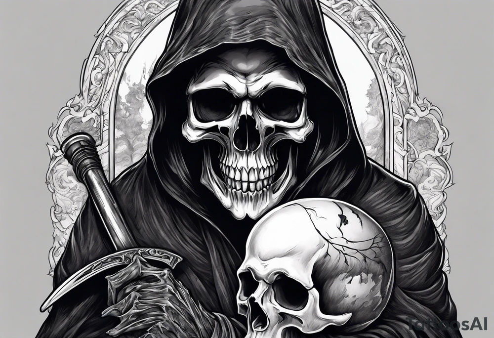 Grim Reaper holding a skull with smoky background tattoo idea