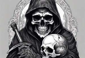 Grim Reaper holding a skull with smoky background tattoo idea