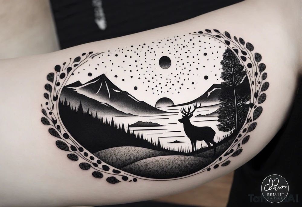 “Generate a minimalist tattoo showcasing a symmetrical scene of rolling hills and a rising sun, with small animals like deer or foxes incorporated into the design. tattoo idea