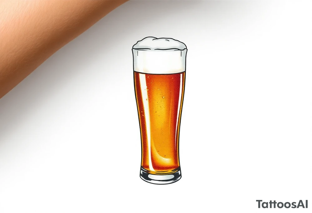 A tall, ice-cold pilsner glass with a thick white foam head, illuminated by warm amber and honey hues tattoo idea