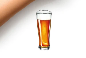 A tall, ice-cold pilsner glass with a thick white foam head, illuminated by warm amber and honey hues tattoo idea