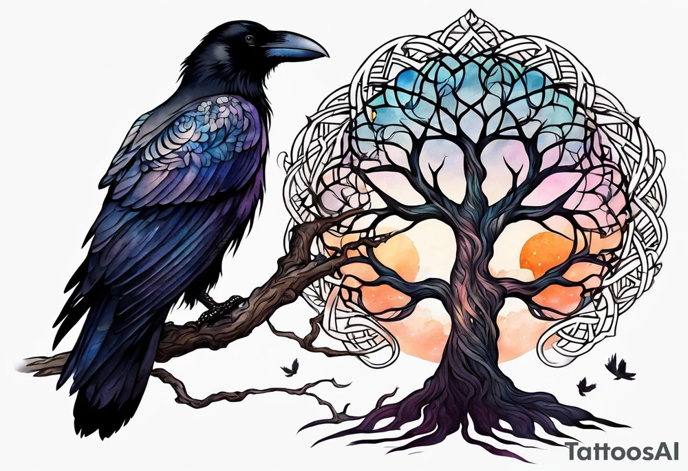 world tree with a raven and knotwork sleeve tattoo tattoo idea