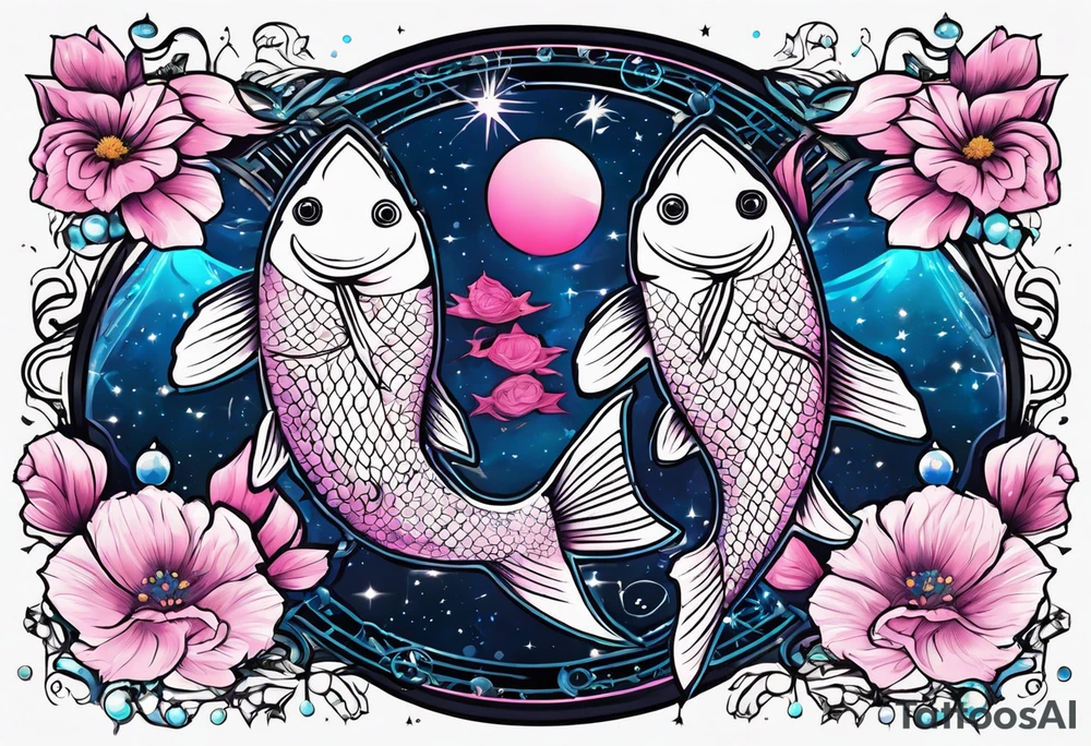 A 1/2 sleeve with 2 pisces fish one pink one blue incorporate sigils and cosmos in background tattoo idea