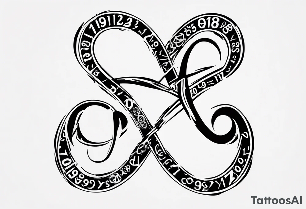 infinity symbol made up of the numbers 11-19-23 and the word Χαρά tattoo idea