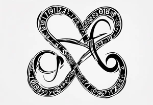 infinity symbol made up of the numbers 11-19-23 and the word Χαρά tattoo idea
