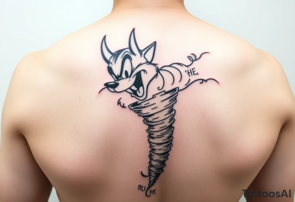 Give me the cartoon tazmanian devil from looney toons with half his body a tornado and initials BD, TD, LJ, MA,HE in the tornado on an upper arm tattoo idea
