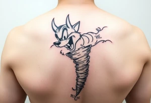 Give me the cartoon tazmanian devil from looney toons with half his body a tornado and initials BD, TD, LJ, MA,HE in the tornado on an upper arm tattoo idea
