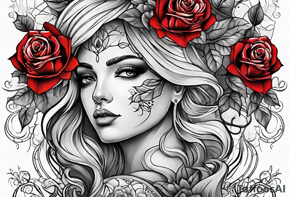 front knee tattoo with flowers & roses, swirls & water washes, background washes tattoo idea