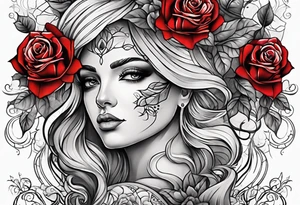 front knee tattoo with flowers & roses, swirls & water washes, background washes tattoo idea