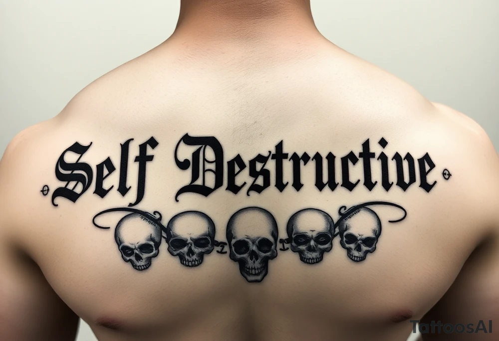 An outline of The words “Self Destructive” in a Chicano/Old English Font across the chest, with negative shading behind the words and some skulls tattoo idea
