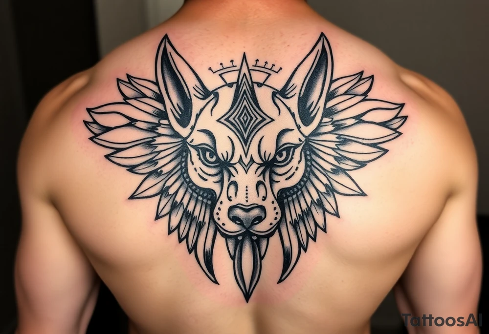 muscle Egyptian Anubis god face in Egypt style dog face tattoo idea