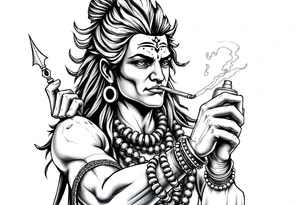 Shiva smoking a joint with one hand and holding spray paint with another hand tattoo idea