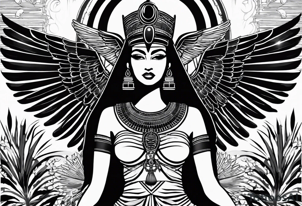 black and white Egyptian goddess Isis, who is often depicted as a woman with outstretched wings, holding an ankh (a symbol of life) in one hand and a lotus flower in the other. Her headdress often includes a throne or a solar disk. The tattoo design can vary in style and size, but it typically aims to capture the essence of this revered Egyptian deity, emphasizing her beauty, power, and maternal qualities. The choice of colors and additional elements can also be customized to create a unique and visually striking representation of the goddess Isis tattoo idea
