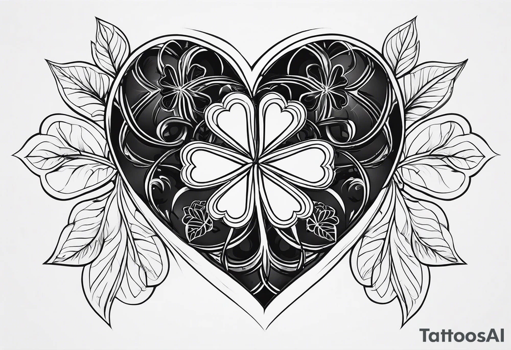A black heart shaped 5 leaf clover full sleeve tattoo idea