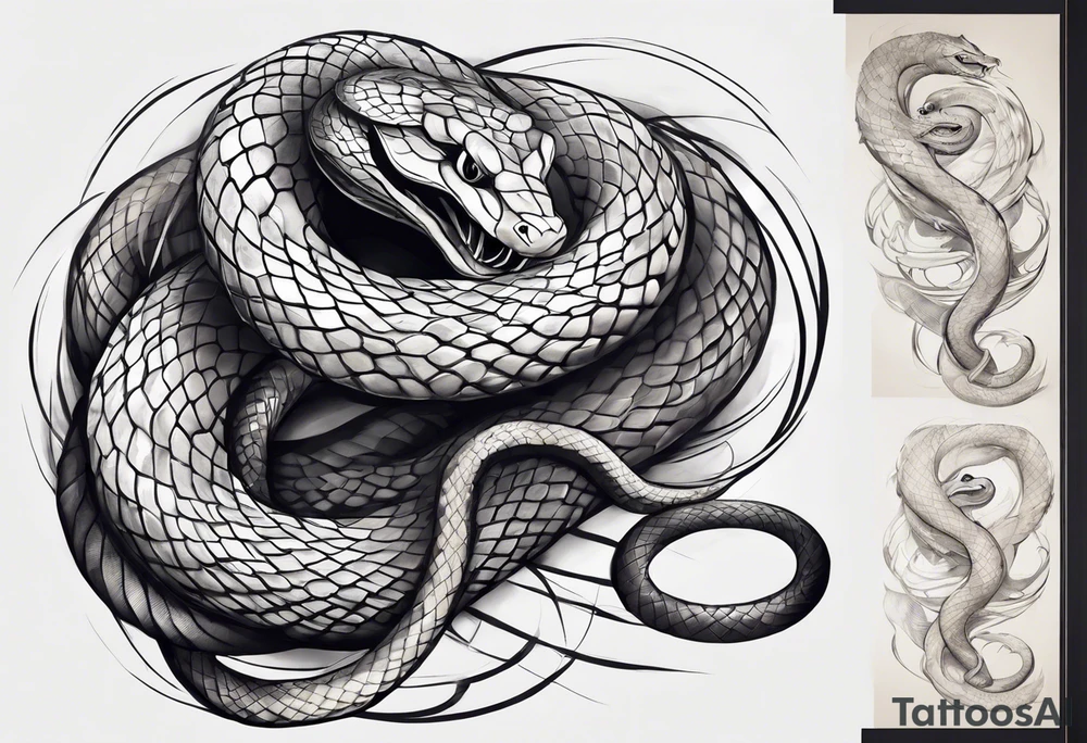 A snake wrapping around the legs of a rough sketch of man with 8 arms, and a blank face in pencil drawing style. The upper part of the snake will come up from the right and look back at the man figure. There will be a black eye above the man looking directly forward. tattoo idea