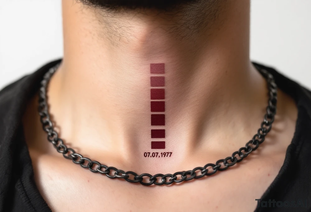 Linear 07.07.1977 in strong black ink, stacked vertically with burgundy accents. tattoo idea
