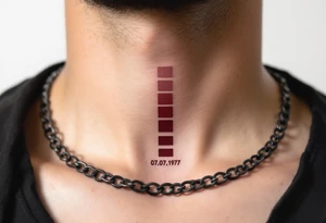 Linear 07.07.1977 in strong black ink, stacked vertically with burgundy accents. tattoo idea