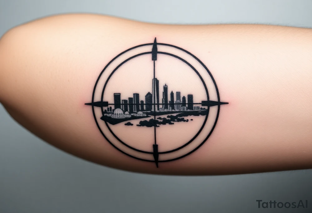 scope crosshairs with eerie Los Angeles city horizon in background tattoo idea