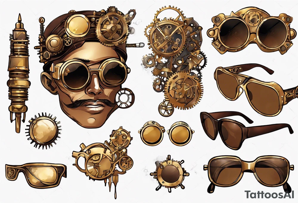 Steampunk
Anime
Gold
Brown
Sunglasses 
Mechanical devices
Leather
People tattoo idea