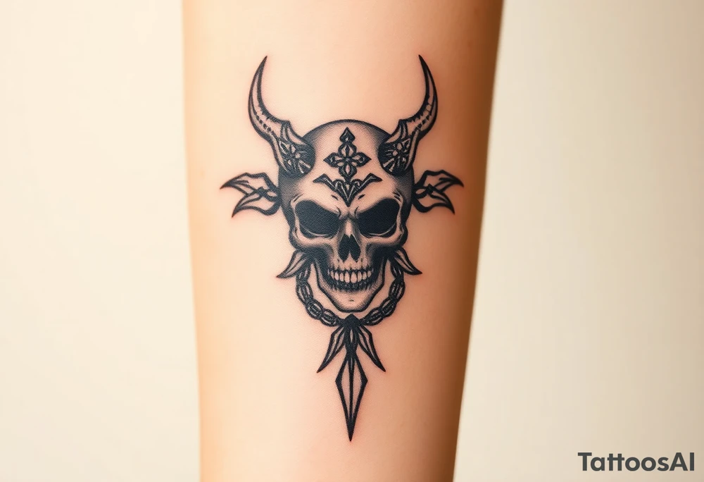 mystical  bringer of death head in lap tattoo idea