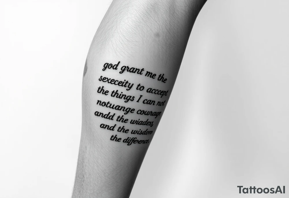 Generate a leg tattoo doing down the side of leg all the way down saying  “god grant me the serenity to  accept the things I can not change courage to change the things I can and the wisdom to know the difference” put god , serenity , courage, and wisdom in red tattoo idea