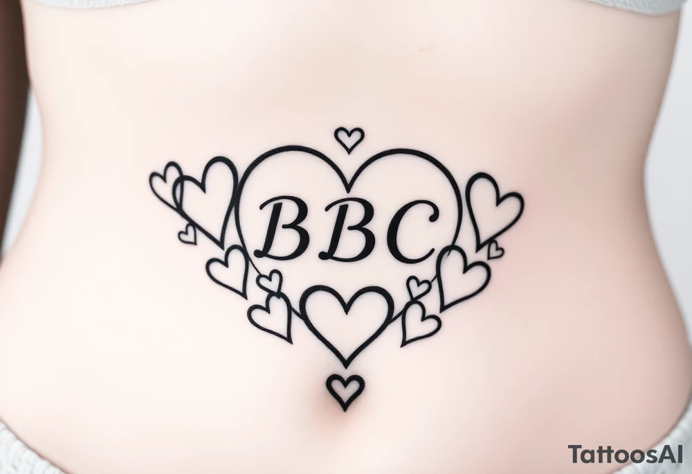 text reading "BBC" across a womb tattoo surrounded by hearts tattoo idea