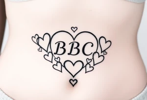 text reading "BBC" across a womb tattoo surrounded by hearts tattoo idea