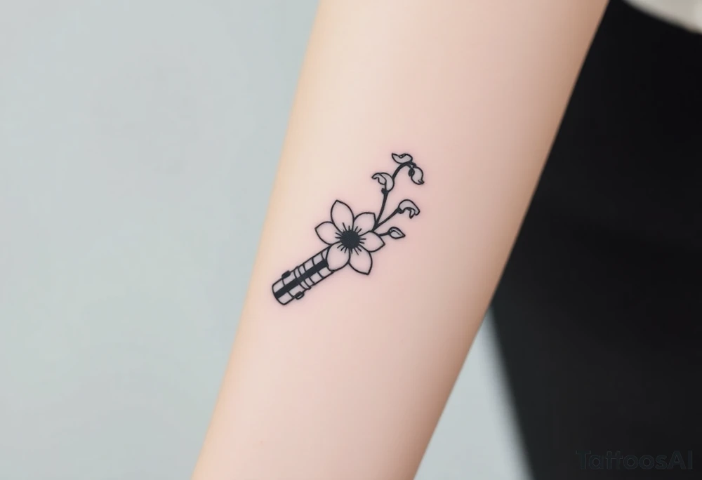 Star Wars Lightsaber handle with a daisy, morning glory, and lily of the valley in it tattoo idea