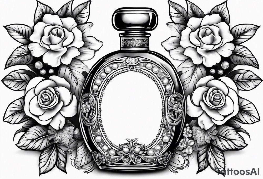 Pearl necklace wrapped around 1950s perfume bottle with flowers and bows surrounding tattoo idea