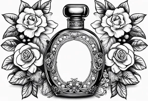 Pearl necklace wrapped around 1950s perfume bottle with flowers and bows surrounding tattoo idea