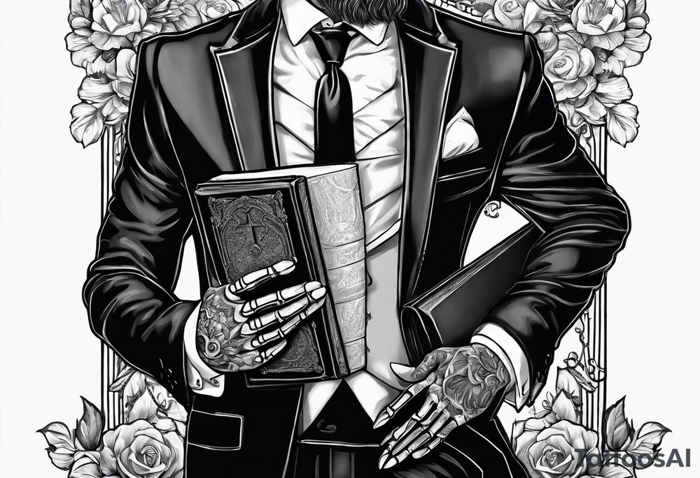 skeleton in tuxedo holding a bible tattoo idea