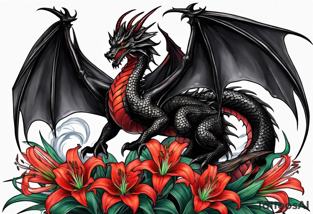 Black dragon surrounded by lightning. Red spider Lillies. tattoo idea